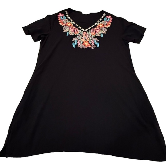 Solitaire Anthropologie Ladies' Black Embroidered Boho Tunic Dress, V-Neck; Med - Picture 6 of 6